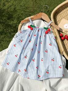 SHEIN Vintaside Kids 女婴彩色花卉丝带拼接条纹A字连衣裙，适合日常休闲和节日场合 - 藍色 - 查看 5