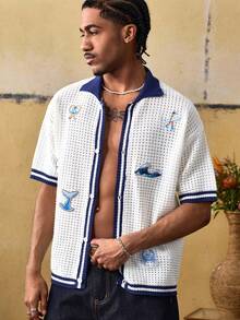 ROMWE MEN Street Life 男士刺绣撞色滚边短袖针织上衣 - 水鴨藍 - 查看 1