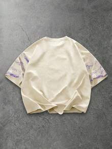 ROMWE MEN Street Life Áo thun nam cổ tròn tay ngắn họa tiết đầu lâu và chữ cái, dáng rộng - Màu be - Xem 3