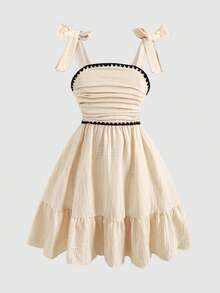 SHEIN 少女时尚优雅编织吊带连衣裙 - 杏色 - 查看 5