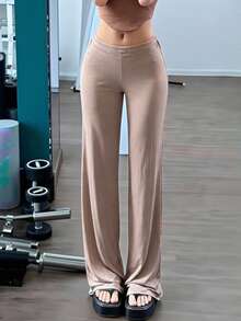 Women's Casual Commuting Minimalist Solid Color Loose Straight Leg Pants - Khaki - View 3