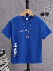 SHEIN Teen Boys' Casual English Graphic Print Short Sleeve Cotton T-Shirt, Summer - Royal Blue - View 1