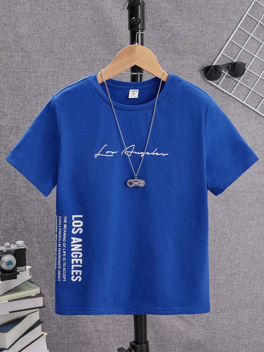 SHEIN Teen Boys' Casual English Graphic Print Short Sleeve Cotton T-Shirt, Summer - Royal Blue - View 1