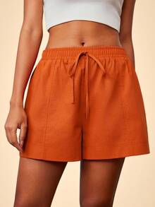 Travachic Pantalones cortos de mujer de unicolor con cordón en la cintura, versátiles y casuales para vacaciones - Naranja - Ver 4