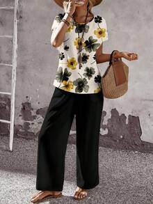 EMERY ROSE 2pcs/Set Women Casual Loose Fit Round Neck Top And Wide Leg Pants, Versatile Outfit For Spring/Autumn Carnival Summer Pants Sets - Multicolor - View 3