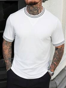 Manfinity Homme Camiseta de manga corta casual de hombre con bloques de color y rayas, para verano - Blanco - Ver 5
