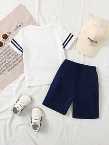 SHEIN Explorewe Toddler Boys' Letter 94 Print T-Shirt And Khaki Cargo Shorts 2-Piece Set, Vintage Casual Outfit - Navy Blue - View 4