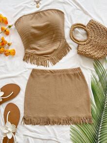 Soleia 女士度假两件套：纹理针织流苏抹胸上衣 + 纹理针织流苏迷你裙，休闲装扮，适合度假、约会、下午茶、海滩、邮轮、城市旅行、音乐节、派对、波西米亚风、嬉皮风、西部风、日常通勤等场合。 - 卡其色 - 查看 1