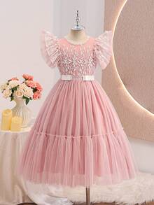 Đầm công chúa sang trọng, thanh lịch dành cho bé gái tuổi teen, chất liệu lưới phối nhiều mảnh, thích hợp cho tiệc sinh nhật, đám cưới, hoặc làm đầm phù dâu. - Hồng - Xem 4