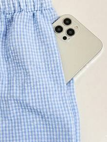 SHEIN Frenchy 女士休闲格子饰边吊带背心和裤子两件套，夏季 - 藍白色 - 查看 5