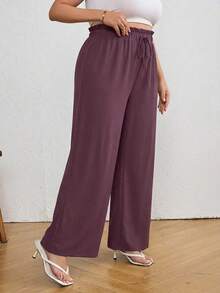 EURMUSE Plus Size Solid Color Paper Bag Waist Tie Casual Pants - Violet Purple - View 3