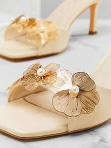 SHUZIA 女士优雅简约花卉装饰白色PU套脚高跟凉鞋 - 白色 - 查看 5