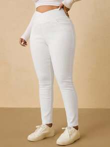SHEIN Tall CURVE Plus Size Casual Daily Solid Color V-Waist Slant Pocket Skinny Jeans - White - View 4