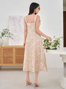 DAZY Women's Elegant Floral Textured Sleeveless Square Neck Midi Dress, Summer,Wedding Guest Dress Women Sundress - Apricot - View 2