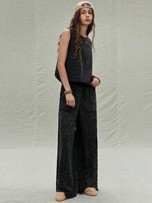 SoleilVie Women's Casual Fashion Street Style Everyday Commute Washed Tank Top And Wide Leg Loose Pants 2-Piece Set, Spring/Summer/Autumn Wide Leg Pants Set Pants Sets For Women Summer Co Ords Sets Women Ladies Casual Sets Cotton 2 Piece Set - Black - View 5