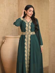 DAZY Women's Elegant Contrast Color Lace Patchwork V-Neck Belted Long Dress, Spring/Summer,Wedding Guest Dress Women Sundress - Dark Green - View 1