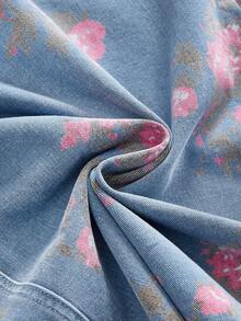 ROMWE Fairycore Váy denim dáng ôm xẻ tà dành cho nữ, in họa tiết hoa cổ điển, đã qua xử lý, cỡ lớn. - Màu xanh lam - Xem 9