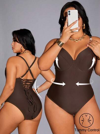 Shapewave Plus Size Women Solid Color Beaded Strap One-Piece Swimsuit