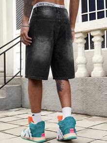 ROMWE MEN Street Life Men's Casual Washed Floral Embroidery Denim Shorts, Summer - Black - View 3