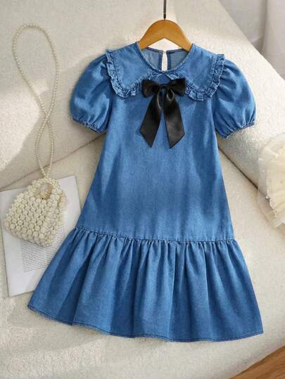 SHEIN Tween Girls' Cute Casual Puff Sleeve Peter Pan Collar Splice Dress, Bowknot Cute Denim Long Dress,Cute & Sweet Fashion For Everyday Wear, School, Weekends, Back To School Season, Vacation,Comfortable & Sweet Casual Vacation School Style Recommended! Soft Light Wash Blue Denim Fabric