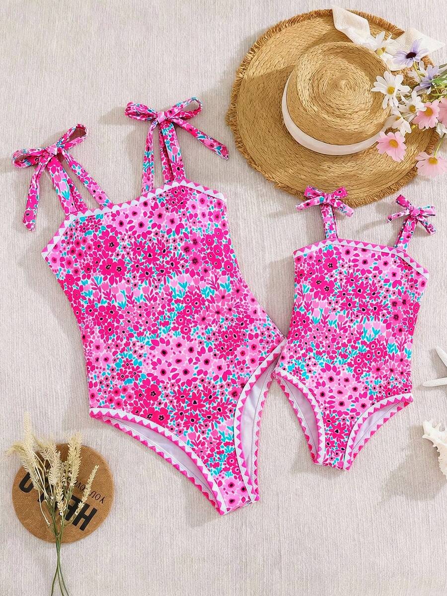 SHEIN 少女碎花休闲连体泳衣沙滩春夏泳装 - 彩色 - 查看 1