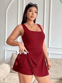SHEIN EZwear 酒红色加大码无袖连衣裙，带口袋和短裤，纯色连体裤 - 酒紅色 - 查看 4