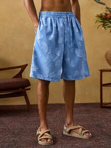 ROMWE MEN Street Life Pantalones cortos casuales de hombre con cintura con cordón y estampado jacquard, estilo escolar para uso diario - Azul - Ver 3