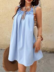 INAWLY Elegant 3D Floral Light Blue Pleated Dress,Relaxed Loose Fit Summer Mama Mia Party Holiday,Perfect For Vacations,Island Getaways,Everyday Wear - Multicolor - View 6