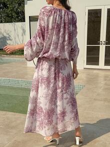 Vivie Lora Bộ 2 món gồm áo sơ mi và chân váy dài ngang gối bằng vải chiffon màu tím thanh lịch in họa tiết dành cho nữ. - Hồng - Xem 3