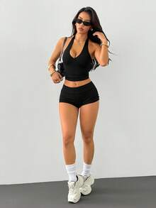 SHEIN PETITE Bộ đồ ngủ 2 món dành cho nữ gồm áo hai dây và quần short - màu đen - Xem 6