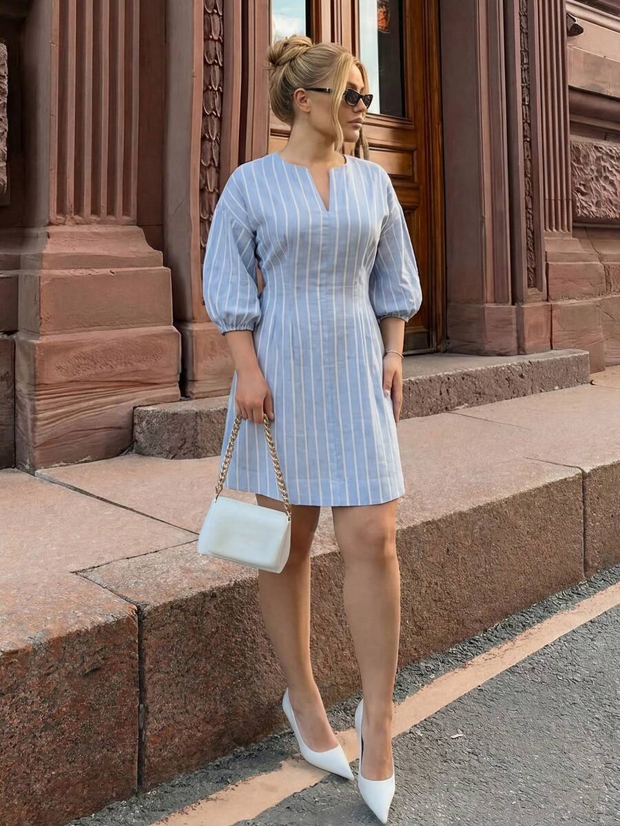 Dripcurv Plus-Size Women's Blue Striped Dress,Elegant,Everyday V-Neck Urban Commuter Dress,Blue And White Autumn Mid-Sleeve Lantern Puff Sleeve Spring Dresses - Baby Blue - View 1