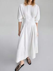 Ontre 2026春夏新款女士中长连衣裙，收腰喇叭泡泡袖褶裥中长连衣裙，适合现代都市派对、返校季、都市简约休闲日常穿着、波西米亚风、度假、节日、春季等场合。 - 白色 - 查看 4