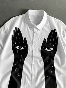 StoneGrade Abstract Eye-Shaped Print Cropped Loose Fit Short Sleeve Shirt, Fashion Design, Essential For Dates And Gatherings, Suitable As Gift For Boyfriend - Black and White - View 2