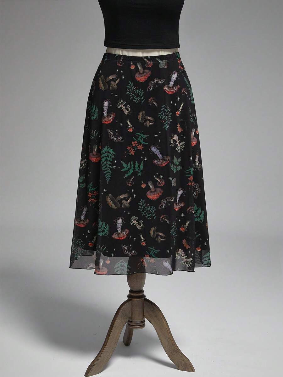 ROMWE Fairycore 女士深色蘑菇植物印花A字裙 - 彩色 - 查看 1