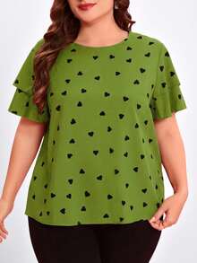 Reflora Plus Size Heart Print Round Neck Casual Short Sleeve Shirt, Summer - Army Green - View 3