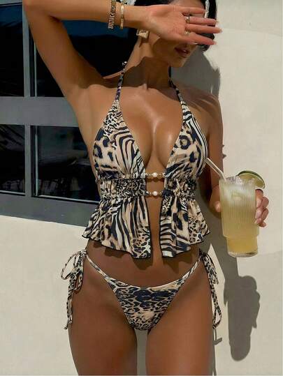 Bonvoyette 2026 New Women's Summer Beach Wear Influencer Halter Leopard Print Beaded Decor Drawstring Spaghetti Strap Ruched Backless Sexy High Waist Side Tie Split Bikini Set