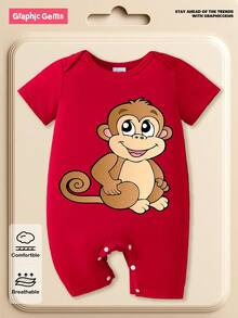SHEIN Baby Boy Monkey Printed Short Sleeve Romper - Red - View 6