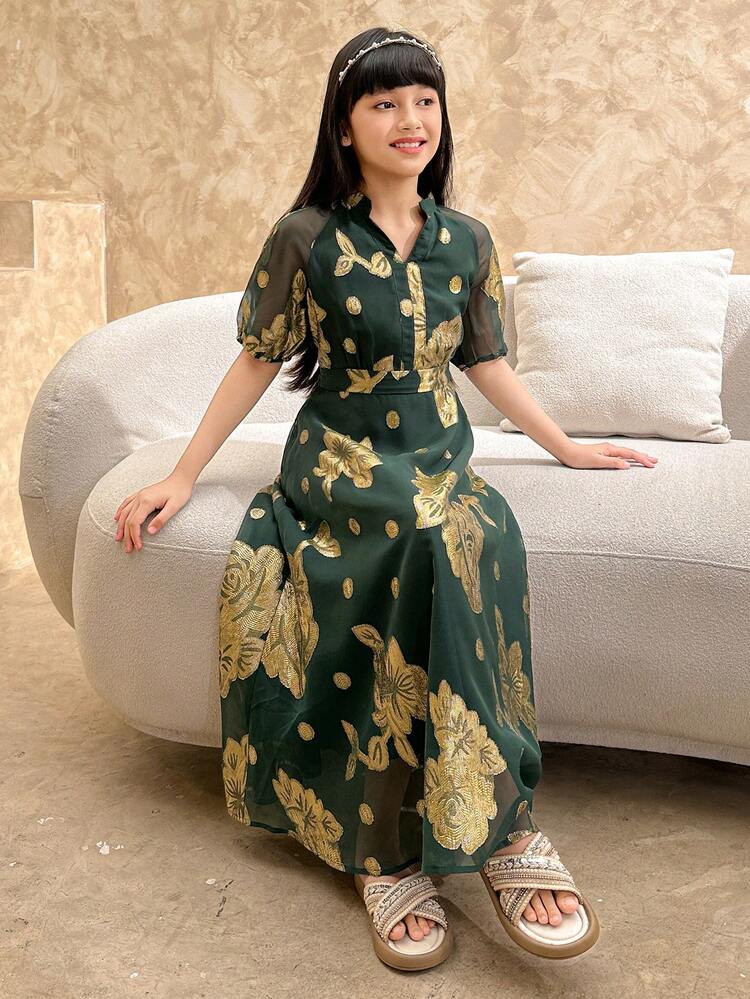 Tween Girl Notched Neck Floral Print Elegant Short Sleeve Dress Summer