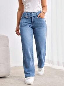 Flexra Plus Size Women Casual Straight Leg Jeans - Medium Wash - View 5