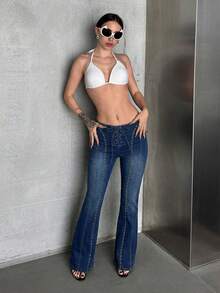 SHEIN ICON Quần ống loe denim màu xanh đậm, thun, phong cách đường phố cổ điển dành cho nữ, cỡ lớn. - Rửa tối - Xem 4