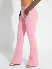 SHEIN SXY Women's Casual Versatile Commuter Flare Jeans With Pockets - Pink - View 3