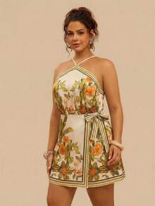 Travachic 大码女式热带印花裹身系带无袖连衣裙，夏季海滩度假风女式短裙，夏季女装，夏季套装，女装，夏季女装连衣裙 - 綠色 - 查看 4