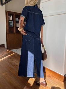 DAZY 女士休闲口袋衬衫和直筒牛仔裙两件套，夏季 - 中等水洗藍 - 查看 2