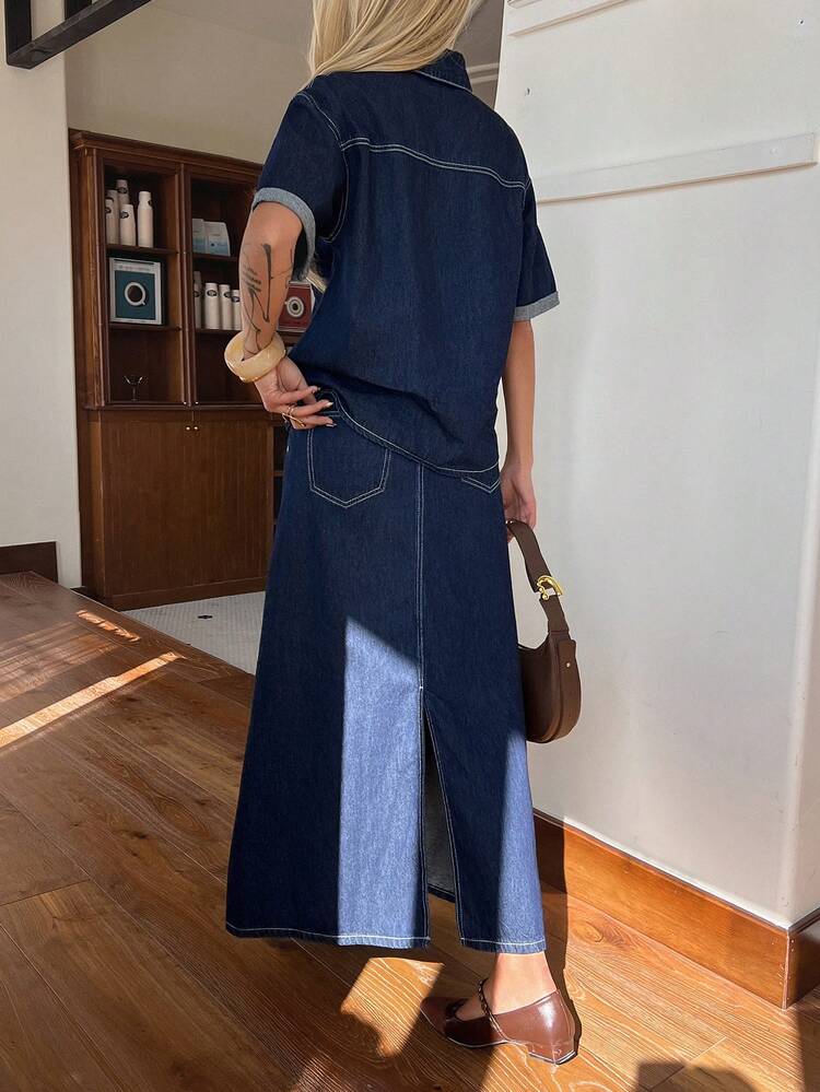 Women's Casual Pocket Shirt And Straight Denim Skirt 2-Piece Set, Summer