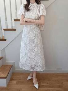 FRIFUL Vestido largo ajustado con cintura acampanada de unicolor, versátil para primavera y verano - Beis - Ver 7