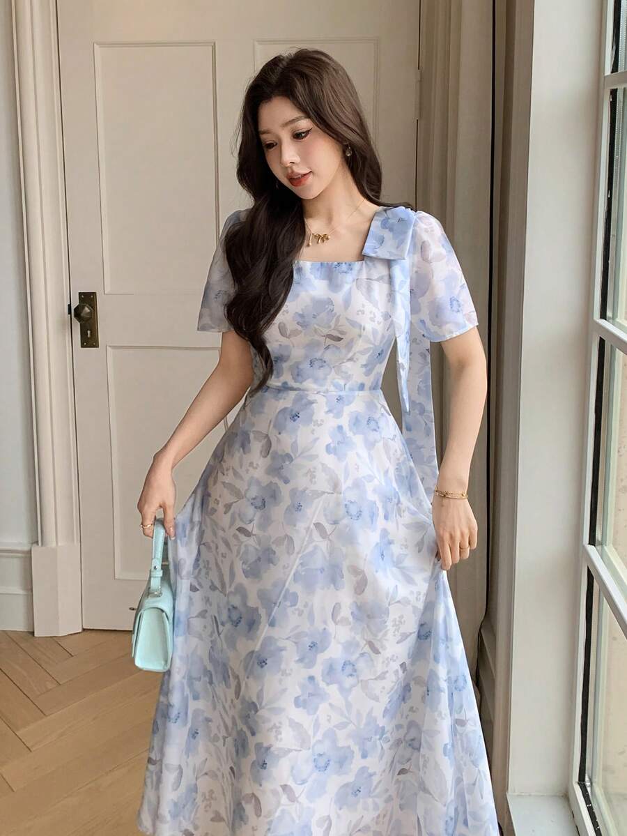 DAZY 女士优雅印花方领花瓣袖系腰中长连衣裙，夏季婚礼宾客礼服，女士吊带裙 - 藍色 - 查看 1