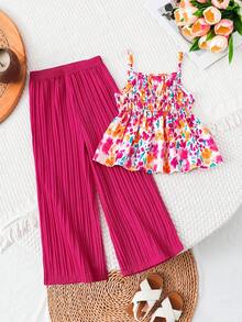 SHEIN Elladie kids 小女孩可爱印花格子吊带背心和阔腿裤套装，适合日常休闲和假日穿着。 - 粉色 - 查看 2