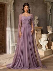 Aureia Elegant Luxury Beaded Embroidered Cold Shoulder Strapless Mermaid Hem Maxi Dress With Luxurious Flowing Collar, Suitable For Festivals, Weddings, Galas, Concerts, Business Events, And Social Media Influencer Occasions - Mauve Purple - View 4