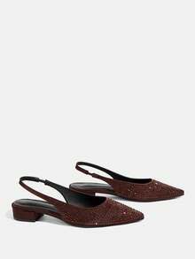 CUCCOO TILAWA 女士尖头低跟粗跟棕色全钻时尚华丽宴会派对女士平底鞋露跟平底鞋女鞋 - 咖啡棕 - 查看 3