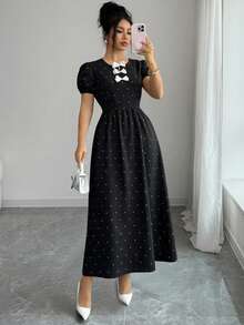 Pariaura 女士黑色波点花瓣袖连衣裙，蝴蝶结镂空连衣裙，春夏款 - 彩色 - 查看 3